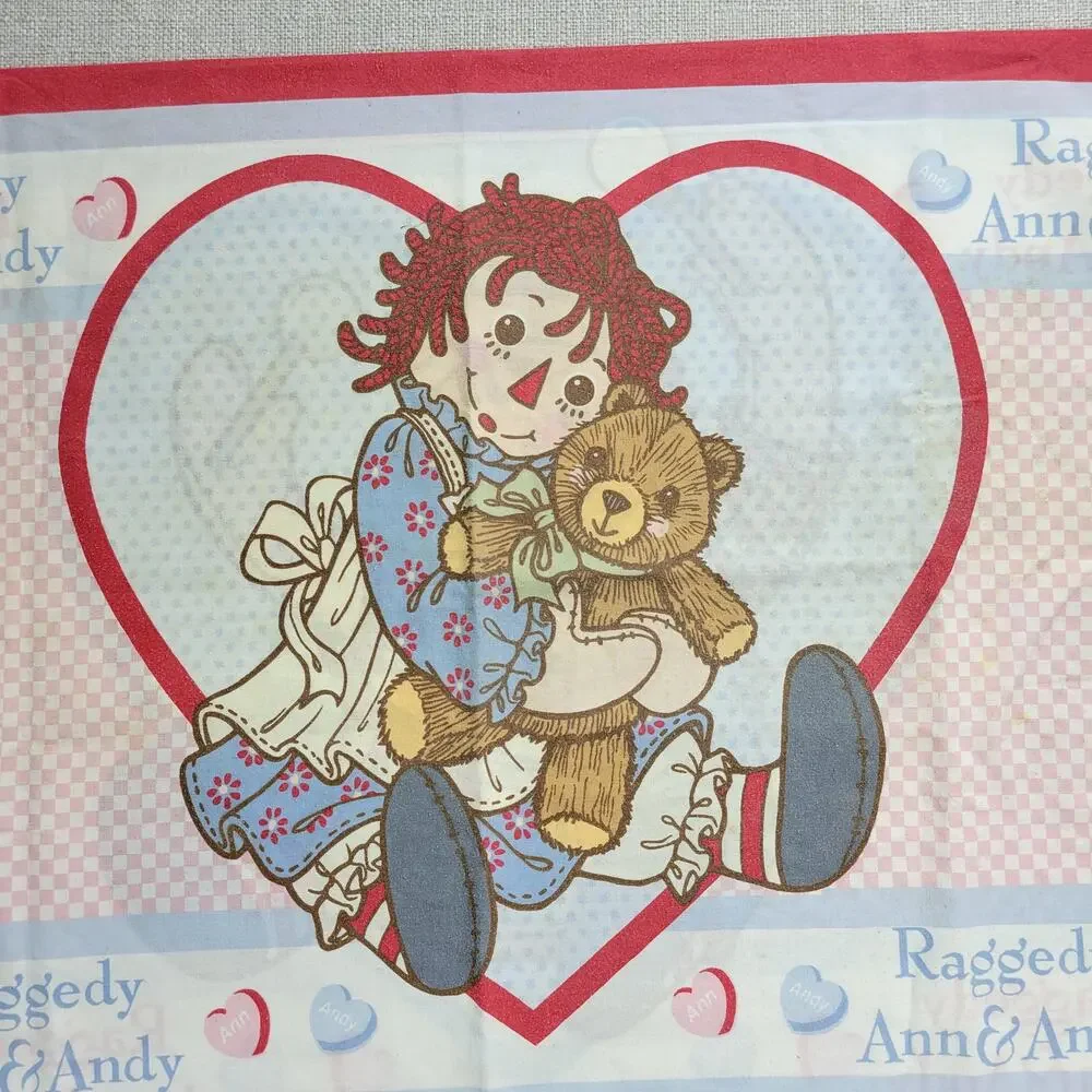 Vintage Raggedy Ann & Andy Pillowcase 29x20 Fabric Panel Red Hearts Gingham